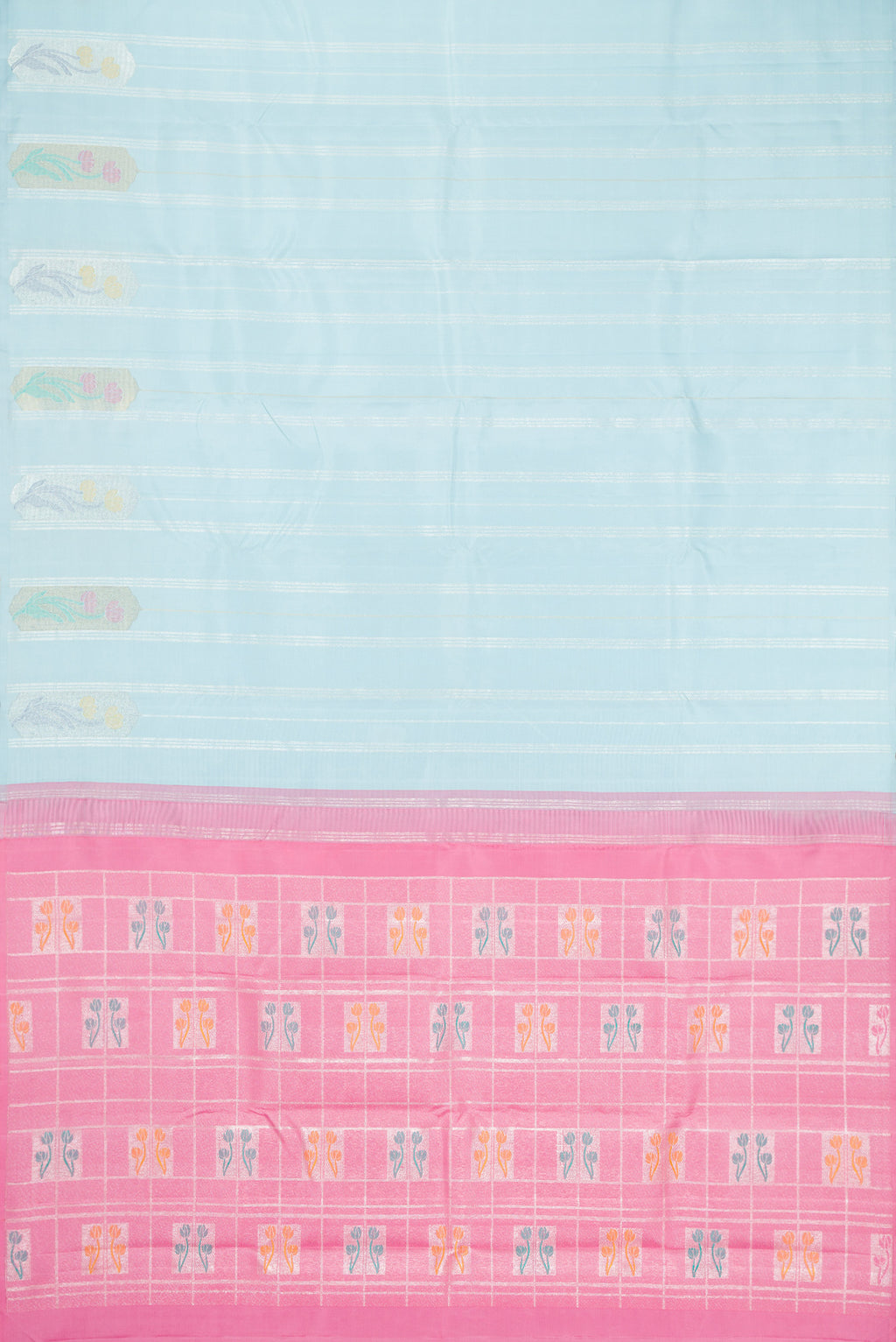 Flat view of Light Blue Kanjivaram Silk Saree with Stripes on the body and Without Border. 