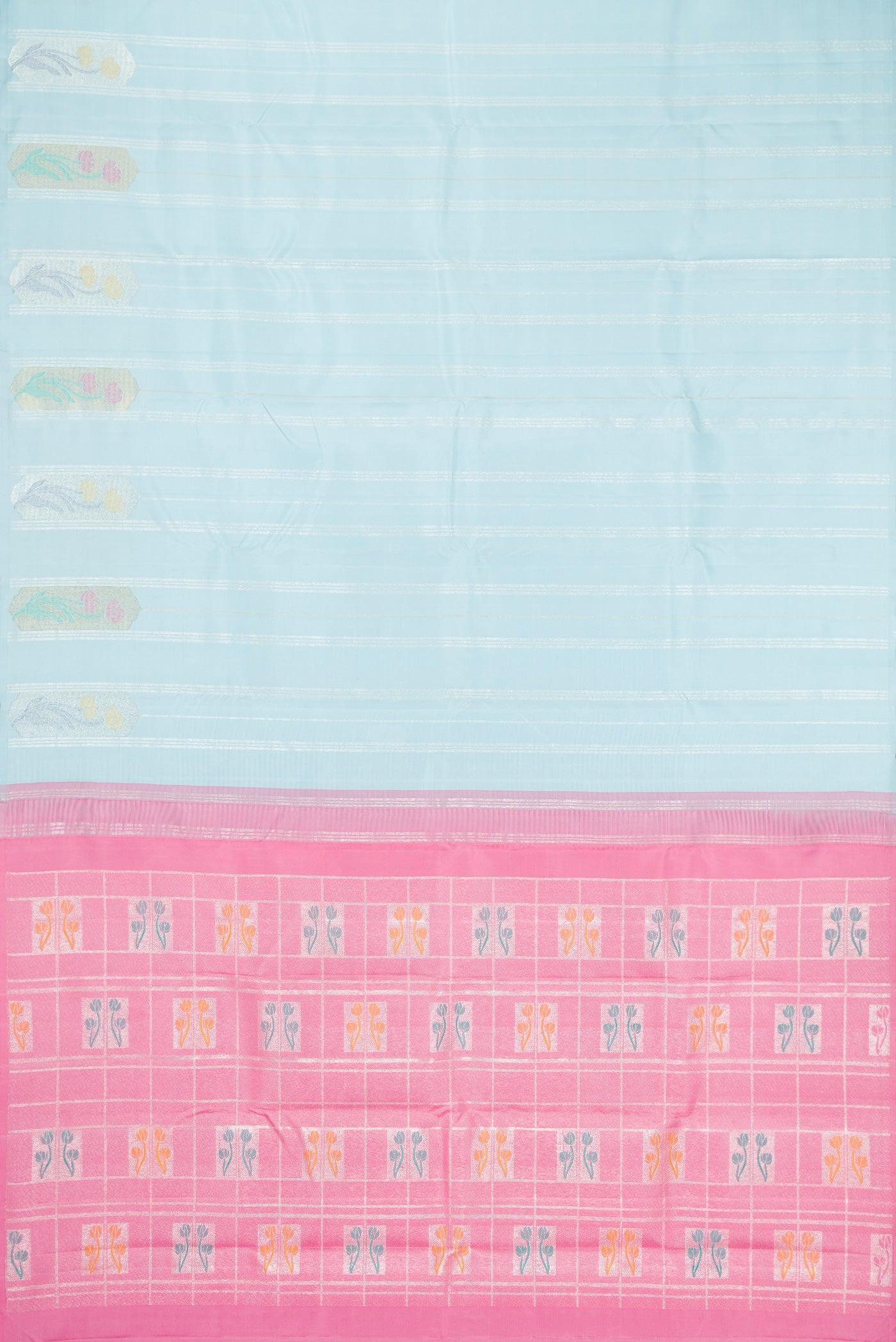 Flat view of Light Blue Kanjivaram Silk Saree with Stripes on the body and Without Border. 