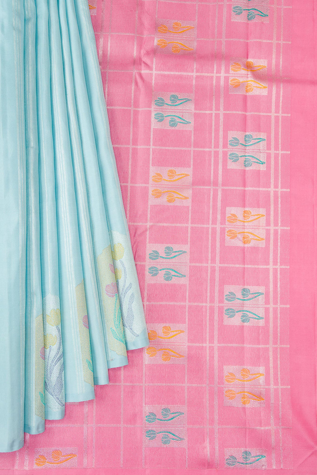 Pleats and pallu of Light Blue Kanjivaram Silk Saree with Stripes on the body and Without Border. 