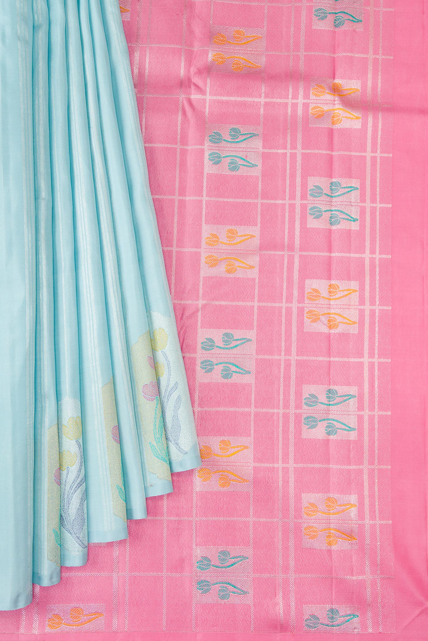 Pleats and pallu of Light Blue Kanjivaram Silk Saree with Stripes on the body and Without Border. 