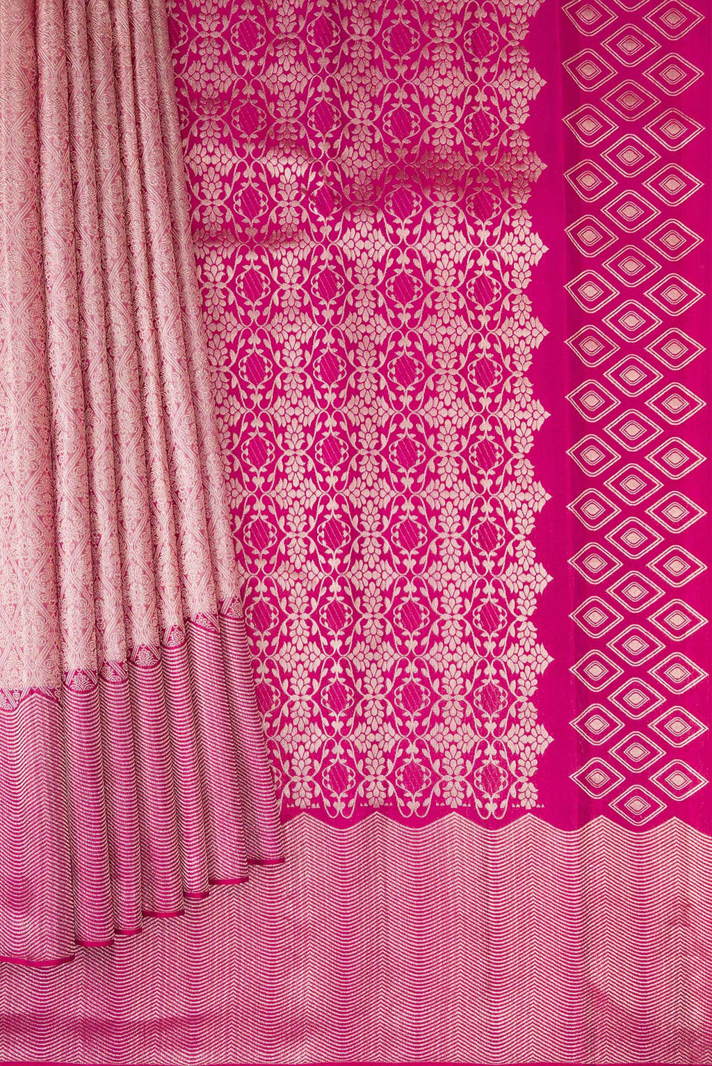 Pleats and pallu of Rose Gold Kanchipuram Silk Saree with Zari Brocade on the body and Zari Border. 