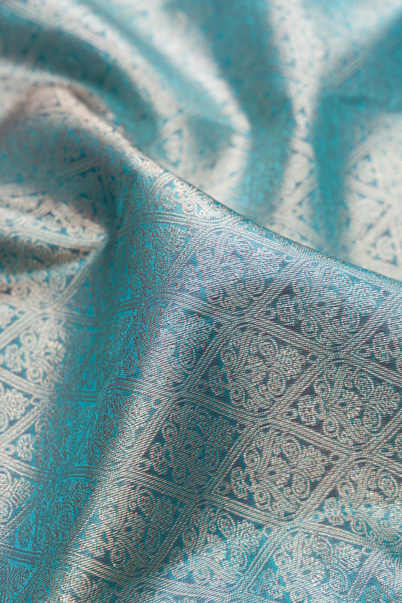 Close up of Light Blue Kanchipuram Silk Saree with Zari Brocade on the body and Zari Border.  displaying folds