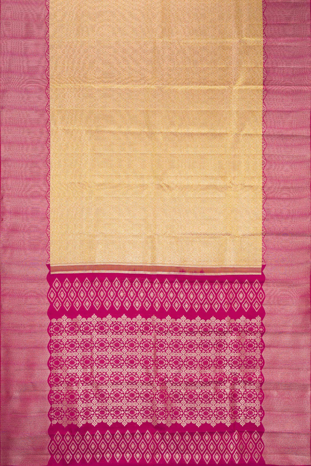 Flat view of Gold Kanchipuram Silk Saree with Zari Brocade on the body and Zari Border. 