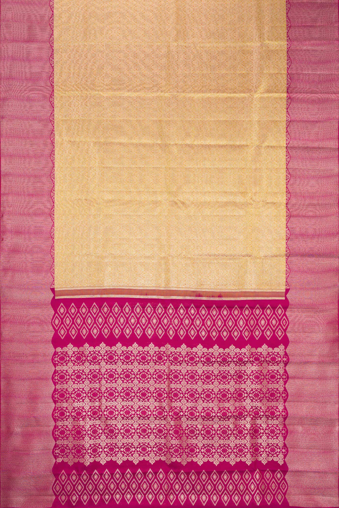 Flat view of Gold Kanchipuram Silk Saree with Zari Brocade on the body and Zari Border. 