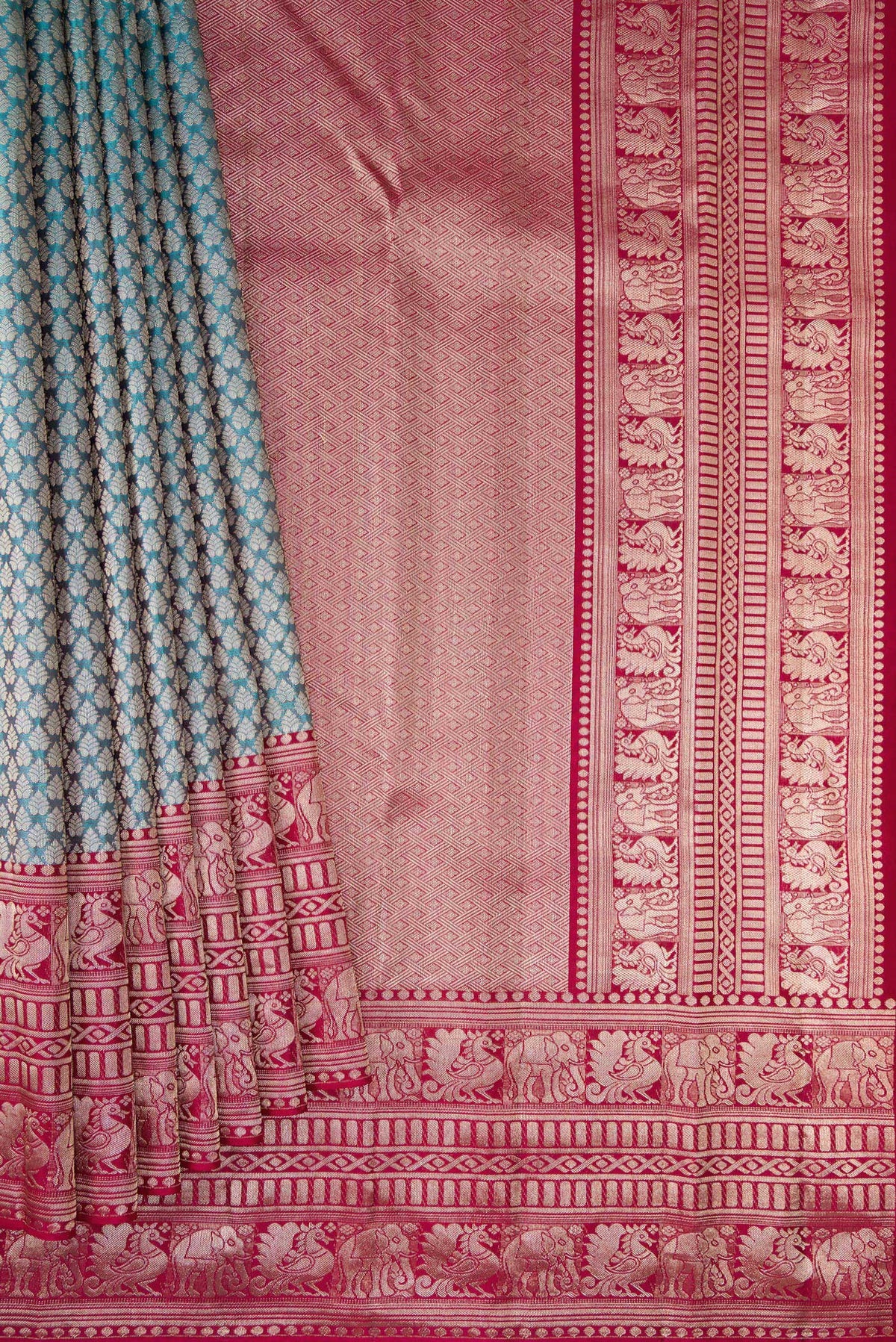 Pleats and pallu of Sky Blue Kanchipuram Silk Saree with Zari Brocade on the body and Fancy Border. 