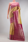 Sandal Kanchipuram Silk Saree with Zari Brocade on the body and Fancy Border.  displayed on a mannequin