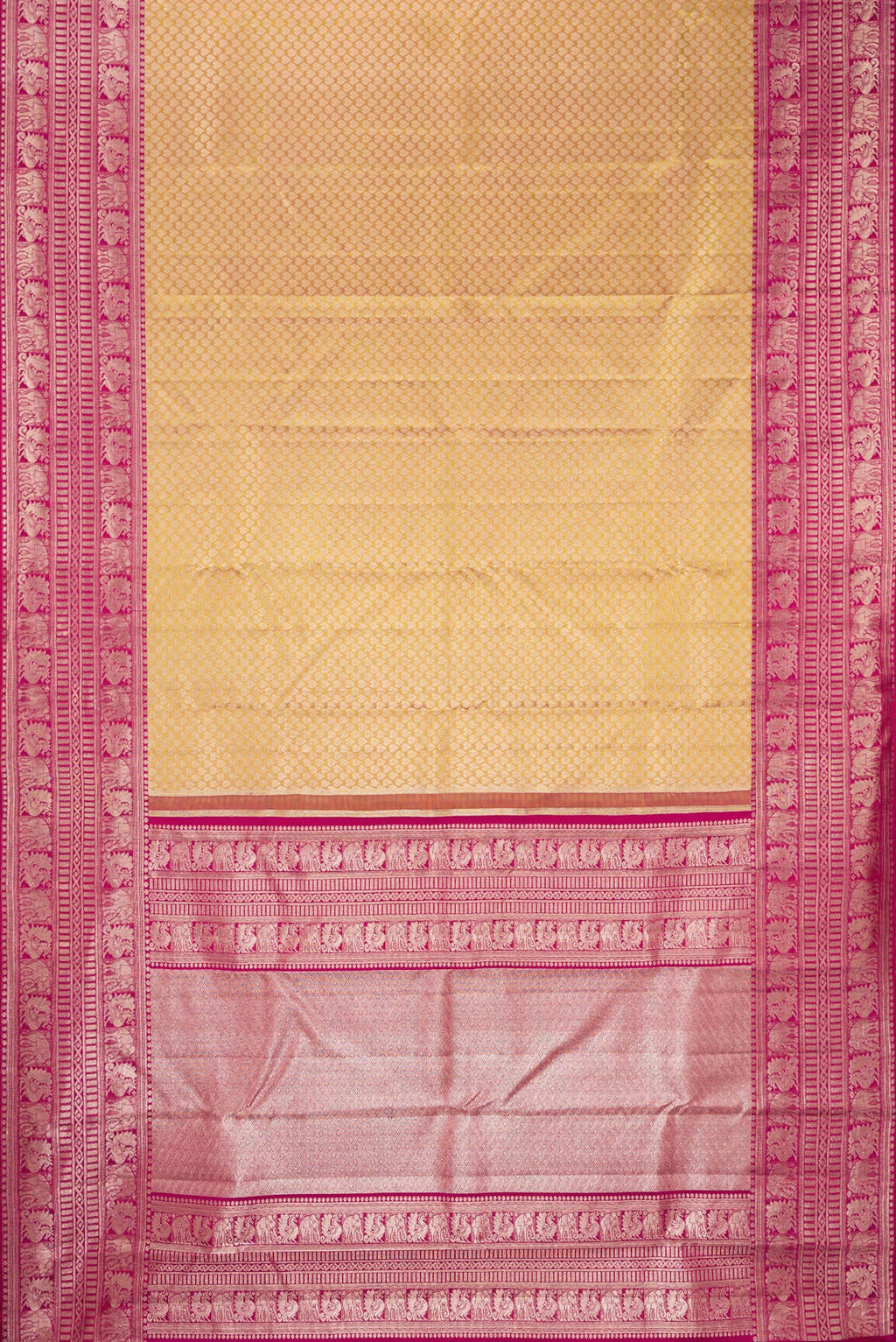 Flat view of Sandal Kanchipuram Silk Saree with Zari Brocade on the body and Fancy Border. 