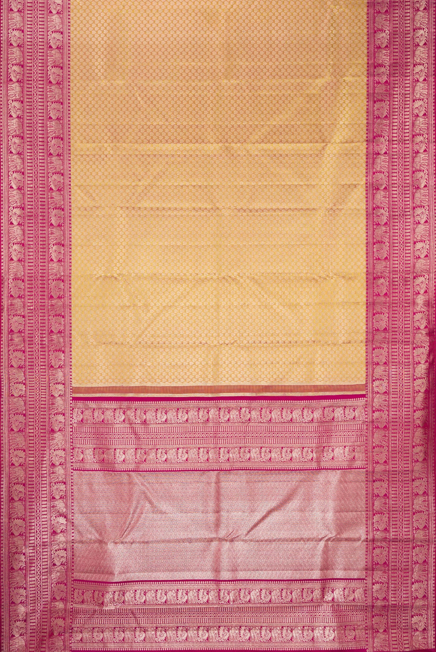 Flat view of Sandal Kanchipuram Silk Saree with Zari Brocade on the body and Fancy Border. 