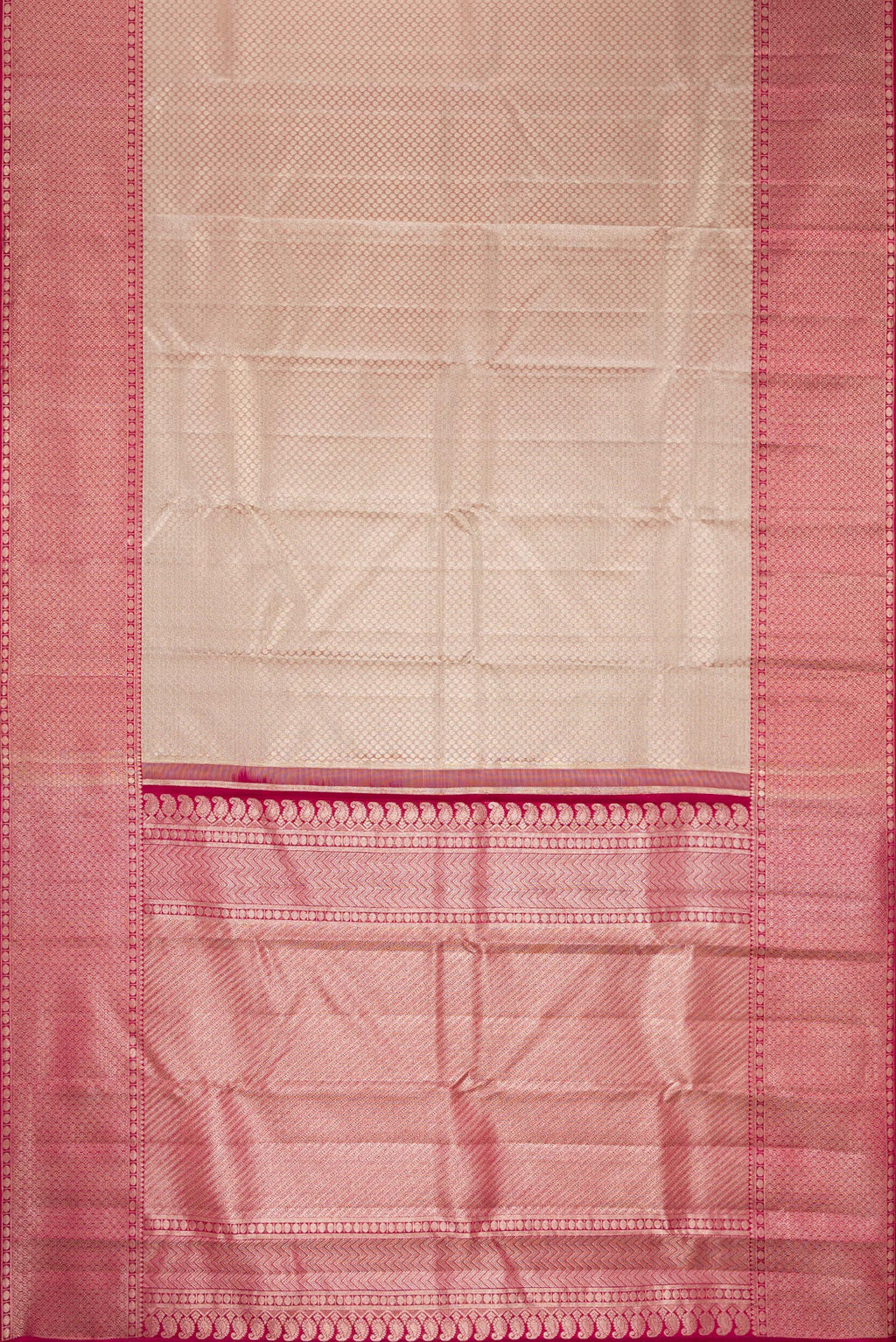 Flat view of Grey Kanchipuram Silk Saree with Zari Brocade on the body and Zari Border. 