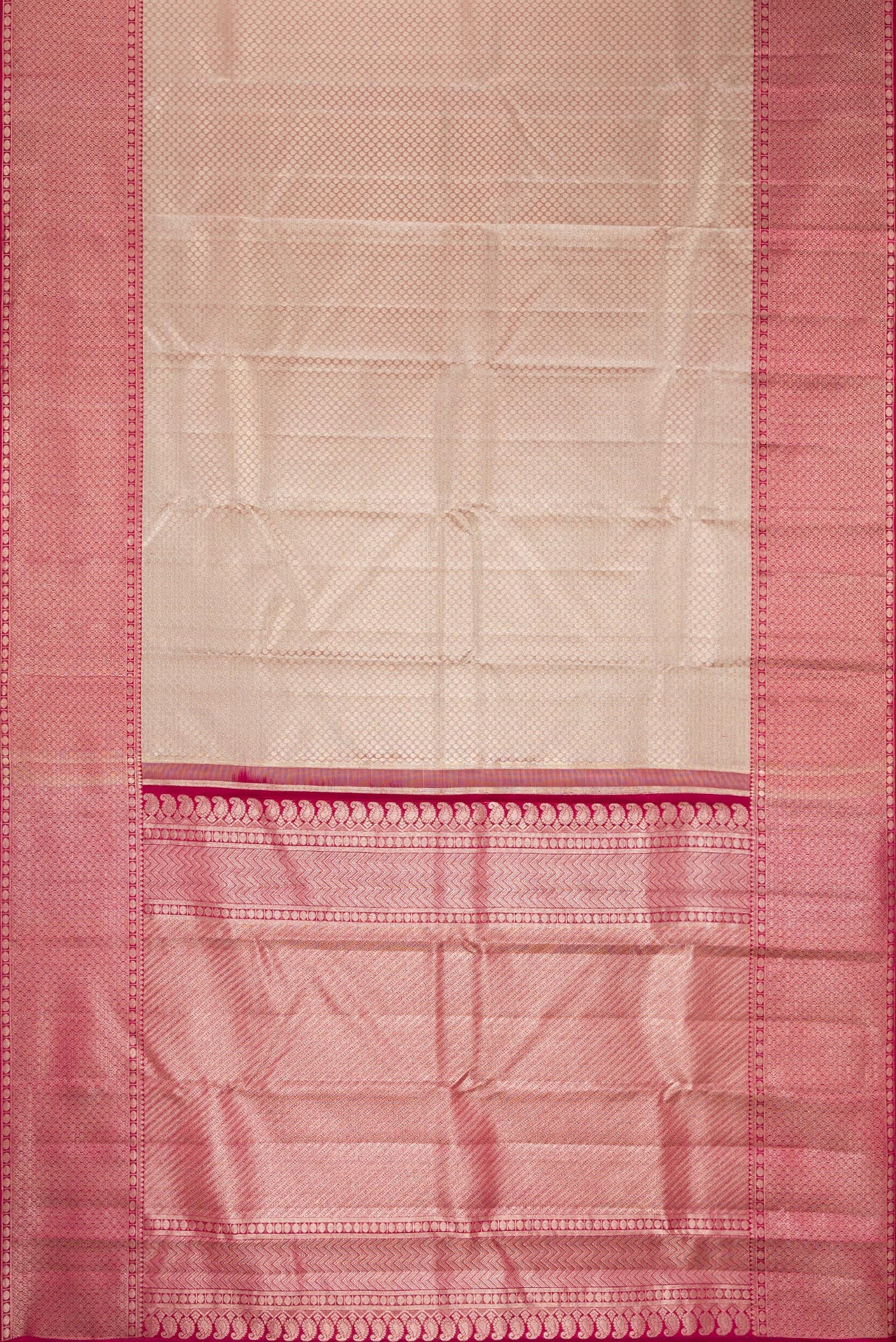 Flat view of Grey Kanchipuram Silk Saree with Zari Brocade on the body and Zari Border. 