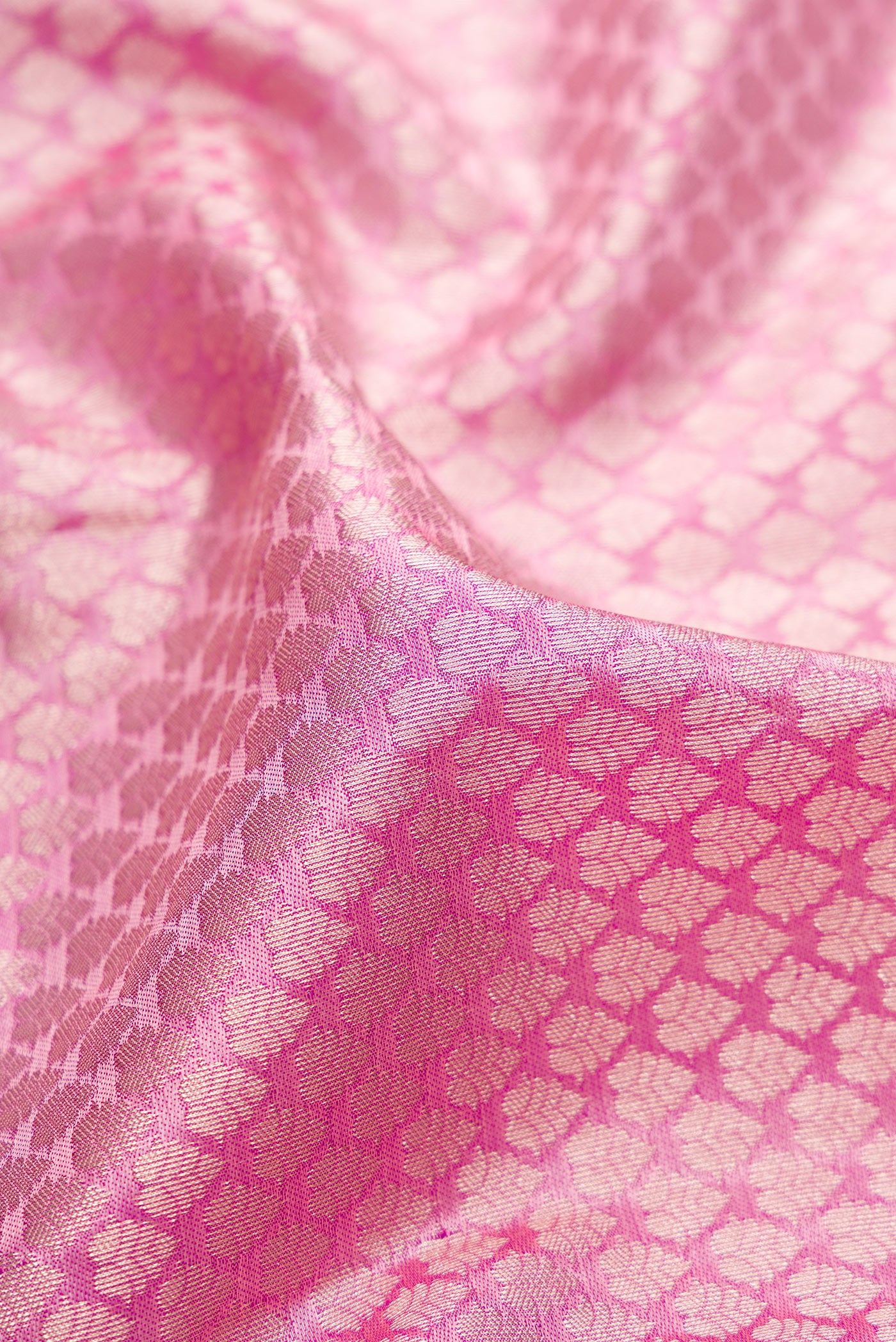 Close up of Pink Kanchipuram Silk Saree with Zari Brocade on the body and Fancy Border.  displaying folds