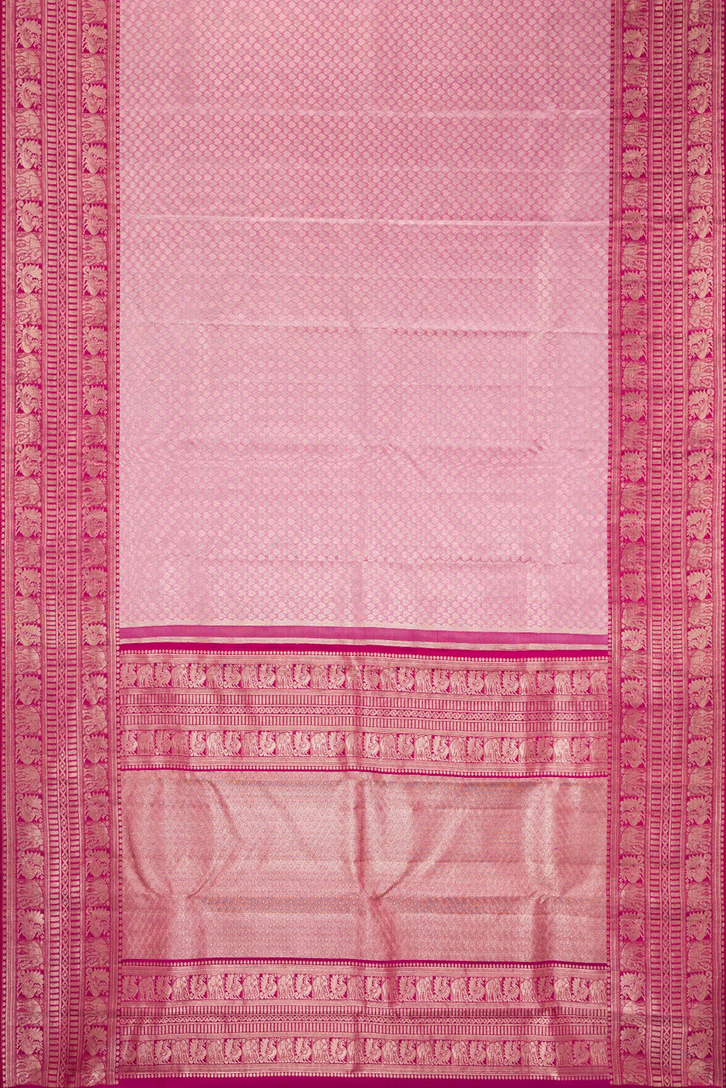 Flat view of Pink Kanchipuram Silk Saree with Zari Brocade on the body and Fancy Border. 