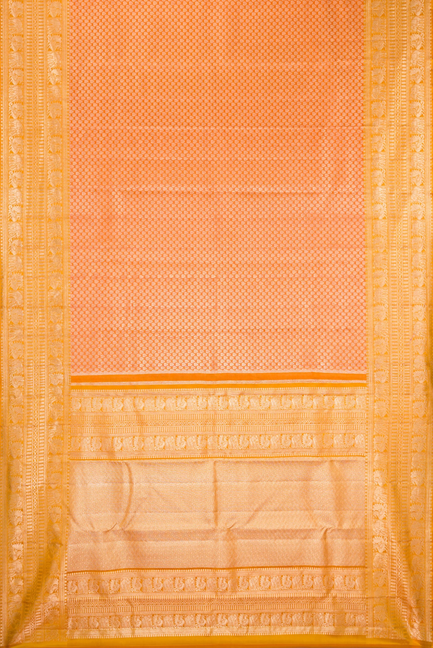 Flat view of Orange Kanchipuram Tissue Silk Saree with Zari Brocade on the body and Fancy Border. 