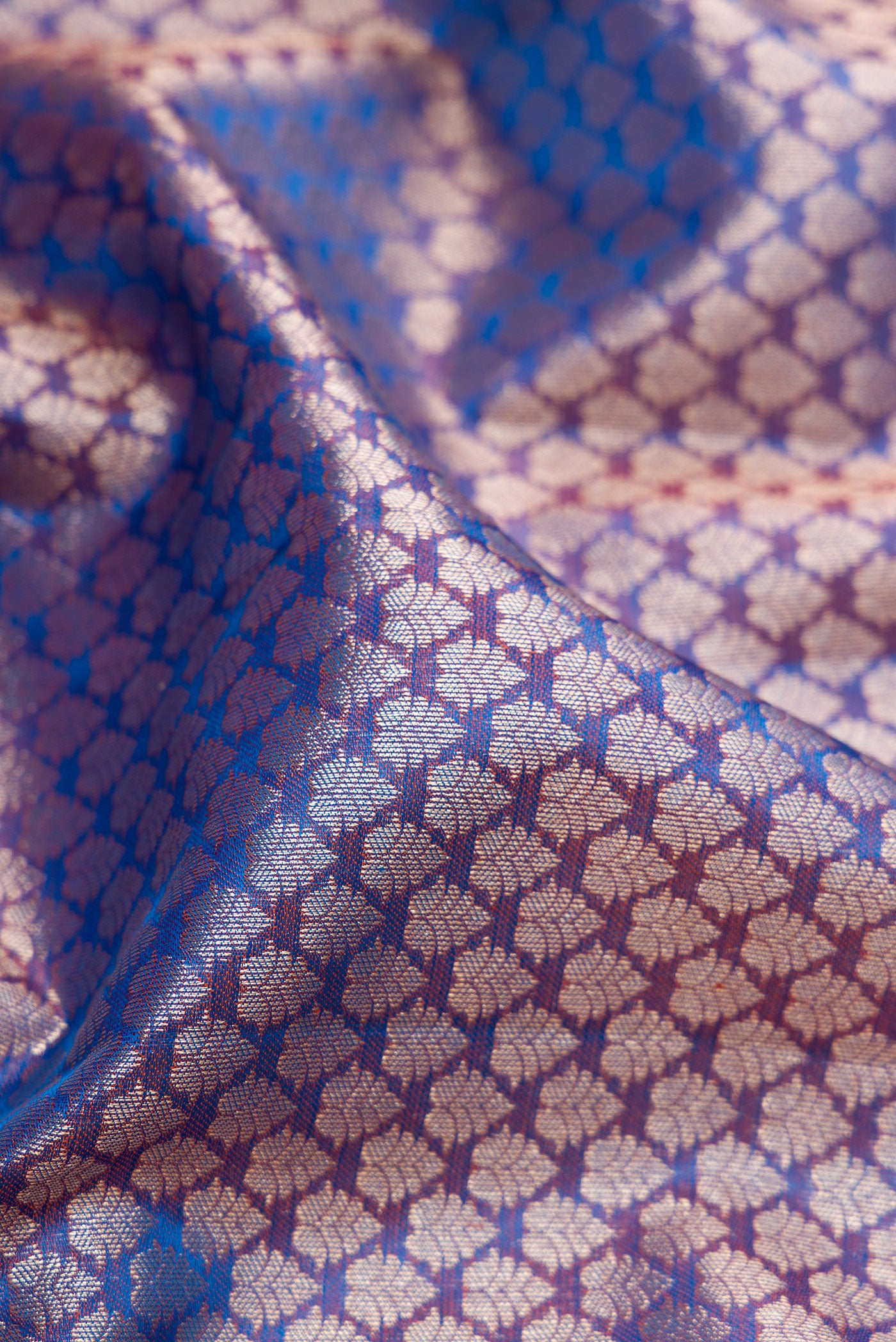 Close up of Purple Dual Tone Kanchipuram Tissue Silk Saree with Zari Brocade on the body and Fancy Border.  displaying folds
