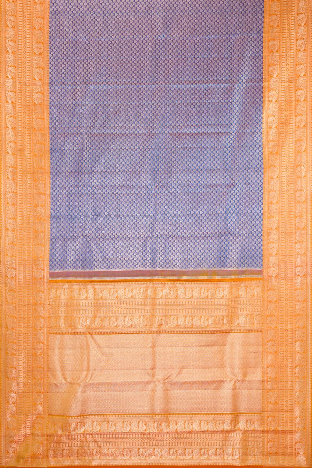 Flat view of Purple Dual Tone Kanchipuram Tissue Silk Saree with Zari Brocade on the body and Fancy Border. 