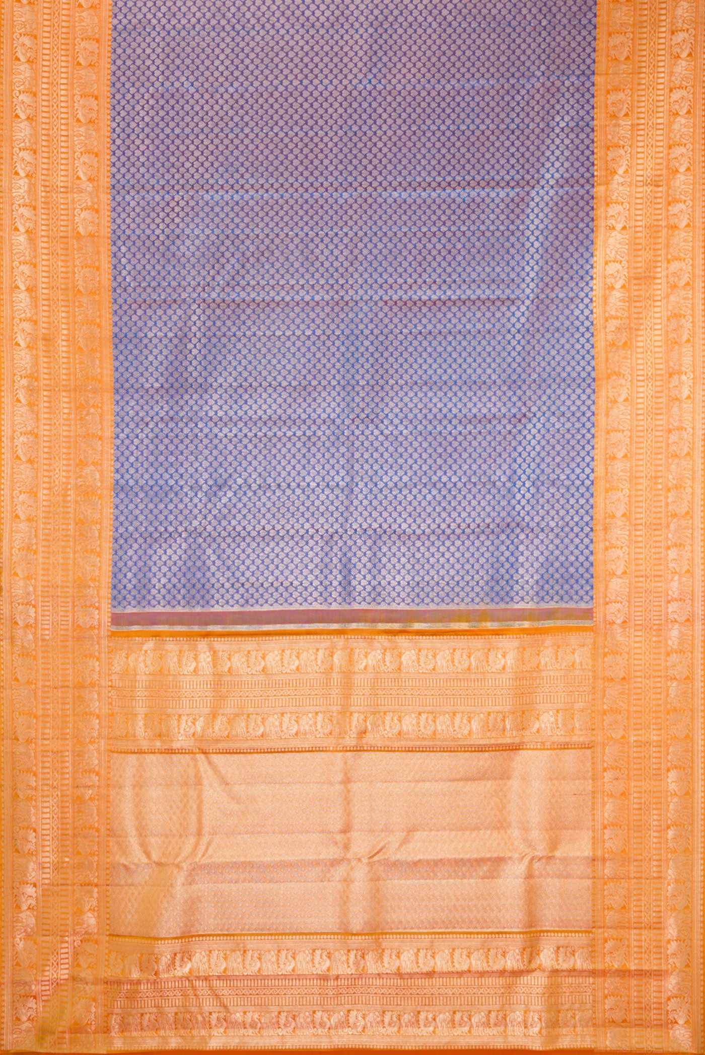 Flat view of Purple Dual Tone Kanchipuram Tissue Silk Saree with Zari Brocade on the body and Fancy Border. 