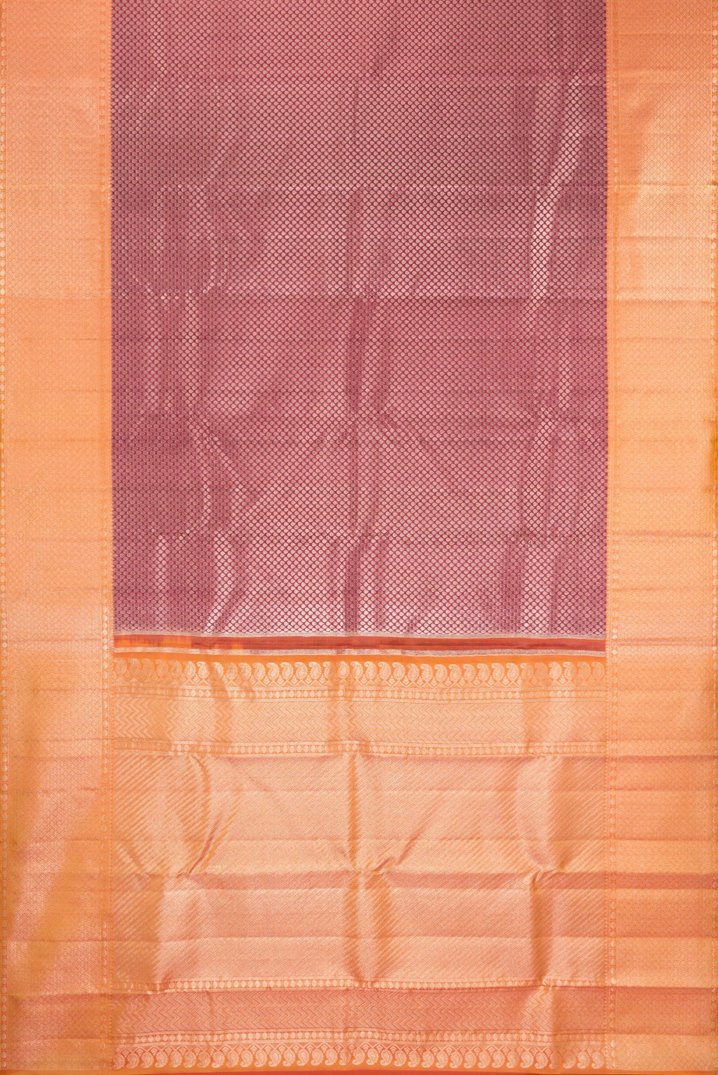 Flat view of Maroon Dual Tone Kanchipuram Tissue Silk Saree with Zari Brocade on the body and Fancy Border. 