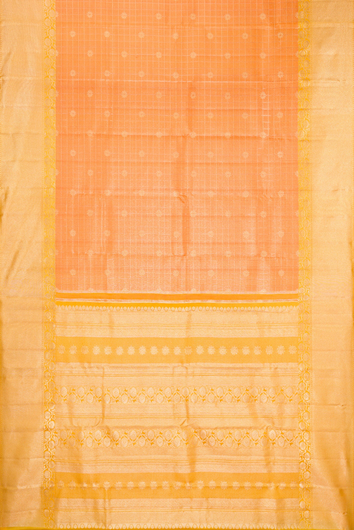 Flat view of Orange Dual Tone Kanchipuram Tissue Silk Saree with Zari Brocade on the body and Fancy Border. 