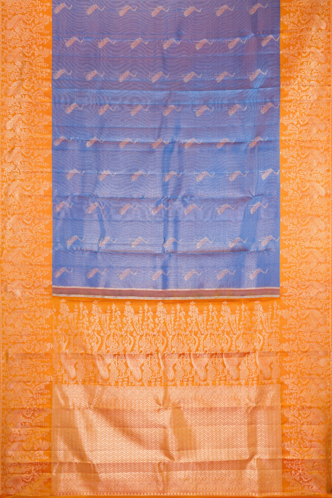 Flat view of Blue Kanchipuram Tissue Silk Saree with Zari Brocade on the body and Fancy Border. 