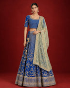 Royal Blue Raw Silk Womens Lehenga set featuring Embroidered Choli paired with Royal Blue Embroidered Skirt with Embroidered Border and a Embroidered dupatta in Light Green.