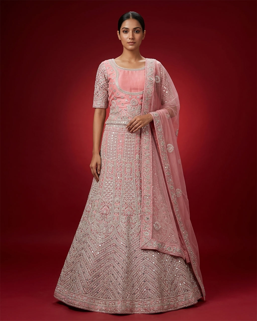 Pink Banarasi Silk Womens Lehenga set featuring Embroidered Choli paired with Pink Embroidered Skirt with Embroidered Border and a Embroidered dupatta in Pink