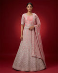 Pink Banarasi Silk Womens Lehenga set featuring Embroidered Choli paired with Pink Embroidered Skirt with Embroidered Border and a Embroidered dupatta in Pink