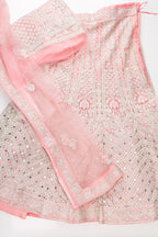Flat lay of Pink Banarasi Silk Womens Lehenga set featuring Embroidered Choli paired with Pink Embroidered Skirt with Embroidered Border and a Embroidered dupatta in Pink
