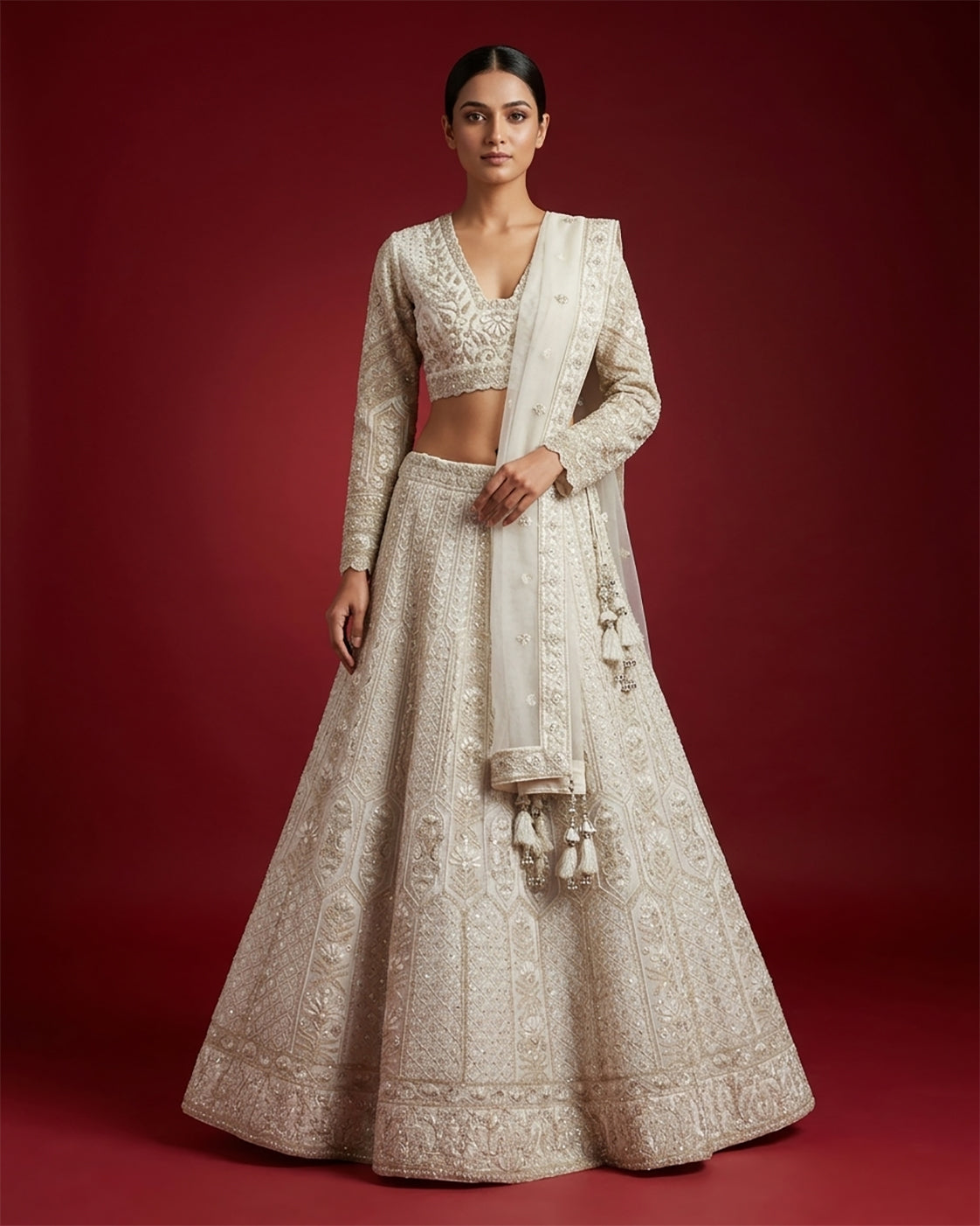 Off White Banarasi Silk Womens Lehenga set featuring Embroidered Choli paired with Off White Embroidered Skirt with Embroidered Border and a Embroidered dupatta in Off White