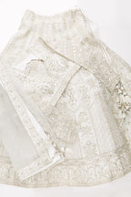 Flat lay of Off White Banarasi Silk Womens Lehenga set featuring Embroidered Choli paired with Off White Embroidered Skirt with Embroidered Border and a Embroidered dupatta in Off White