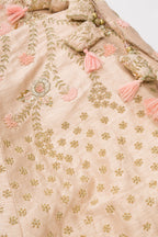 Detailed shot of Rose Gold Banarasi Silk Womens Lehenga set featuring Embroidered Choli paired with Rose Gold Embroidered Skirt with Embroidered Border and a Embroidered dupatta in Rose Gold