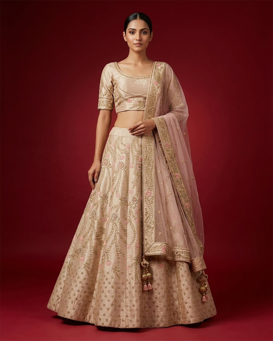 Rose Gold Banarasi Silk Womens Lehenga set featuring Embroidered Choli paired with Rose Gold Embroidered Skirt with Embroidered Border and a Embroidered dupatta in Rose Gold