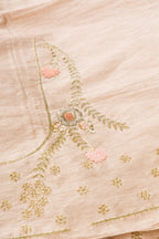 Close up blouse image of Rose Gold Banarasi Silk Womens Lehenga set featuring Embroidered Choli paired with Rose Gold Embroidered Skirt with Embroidered Border and a Embroidered dupatta in Rose Gold