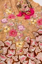 Detailed shot of Golden Peach Banarasi Silk Womens Lehenga set featuring Embroidered Choli paired with Golden Peach Embroidered Skirt with Embroidered Border and a Embroidered dupatta in Golden Peach