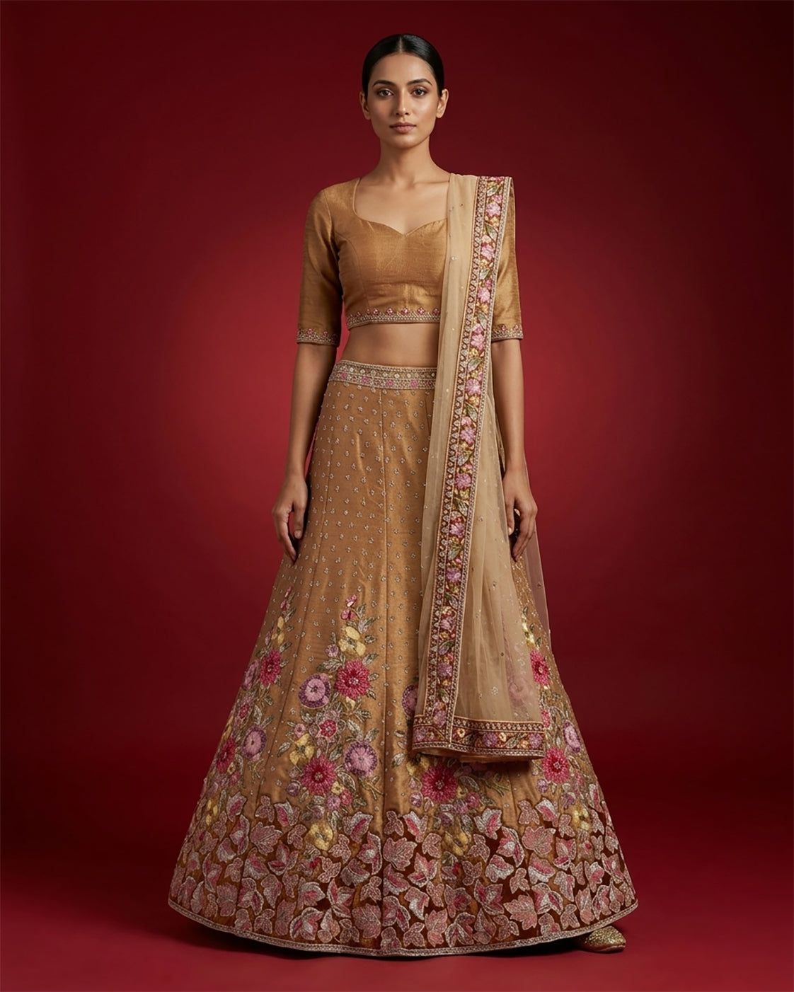 Golden Peach Banarasi Silk Womens Lehenga set featuring Embroidered Choli paired with Golden Peach Embroidered Skirt with Embroidered Border and a Embroidered dupatta in Golden Peach