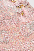 Detailed shot of Pink Banarasi Silk Womens Lehenga set featuring Embroidered Choli paired with Pink Embroidered Skirt with Embroidered Border and a Embroidered dupatta in Pink