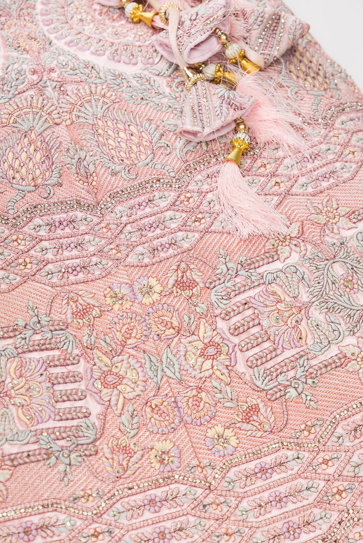 Detailed shot of Pink Banarasi Silk Womens Lehenga set featuring Embroidered Choli paired with Pink Embroidered Skirt with Embroidered Border and a Embroidered dupatta in Pink