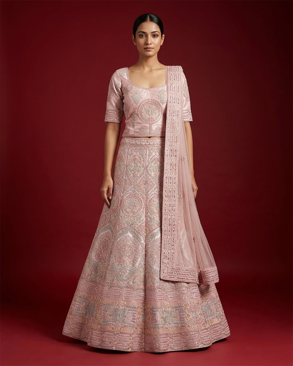 Pink Banarasi Silk Womens Lehenga set featuring Embroidered Choli paired with Pink Embroidered Skirt with Embroidered Border and a Embroidered dupatta in Pink