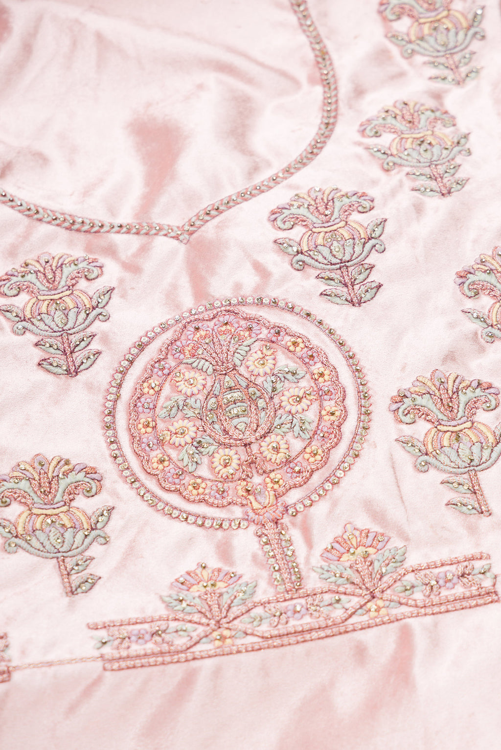 Close up blouse image of Pink Banarasi Silk Womens Lehenga set featuring Embroidered Choli paired with Pink Embroidered Skirt with Embroidered Border and a Embroidered dupatta in Pink