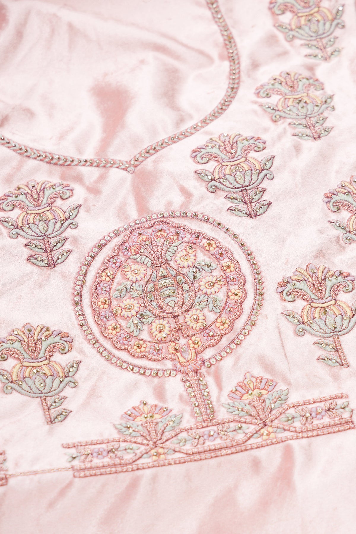 Close up blouse image of Pink Banarasi Silk Womens Lehenga set featuring Embroidered Choli paired with Pink Embroidered Skirt with Embroidered Border and a Embroidered dupatta in Pink