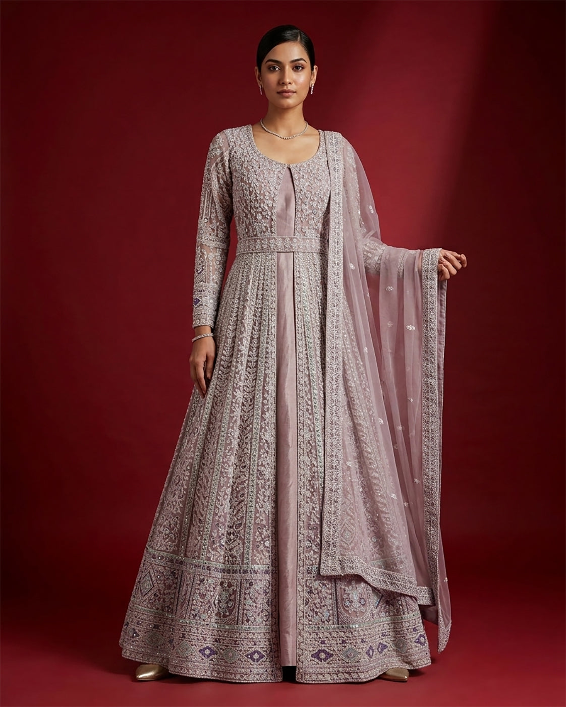 Lilac Banarasi Silk Womens Lehenga set featuring Embroidered Choli paired with Lilac Embroidered Skirt with Embroidered Border and a Embroidered dupatta in Lilac