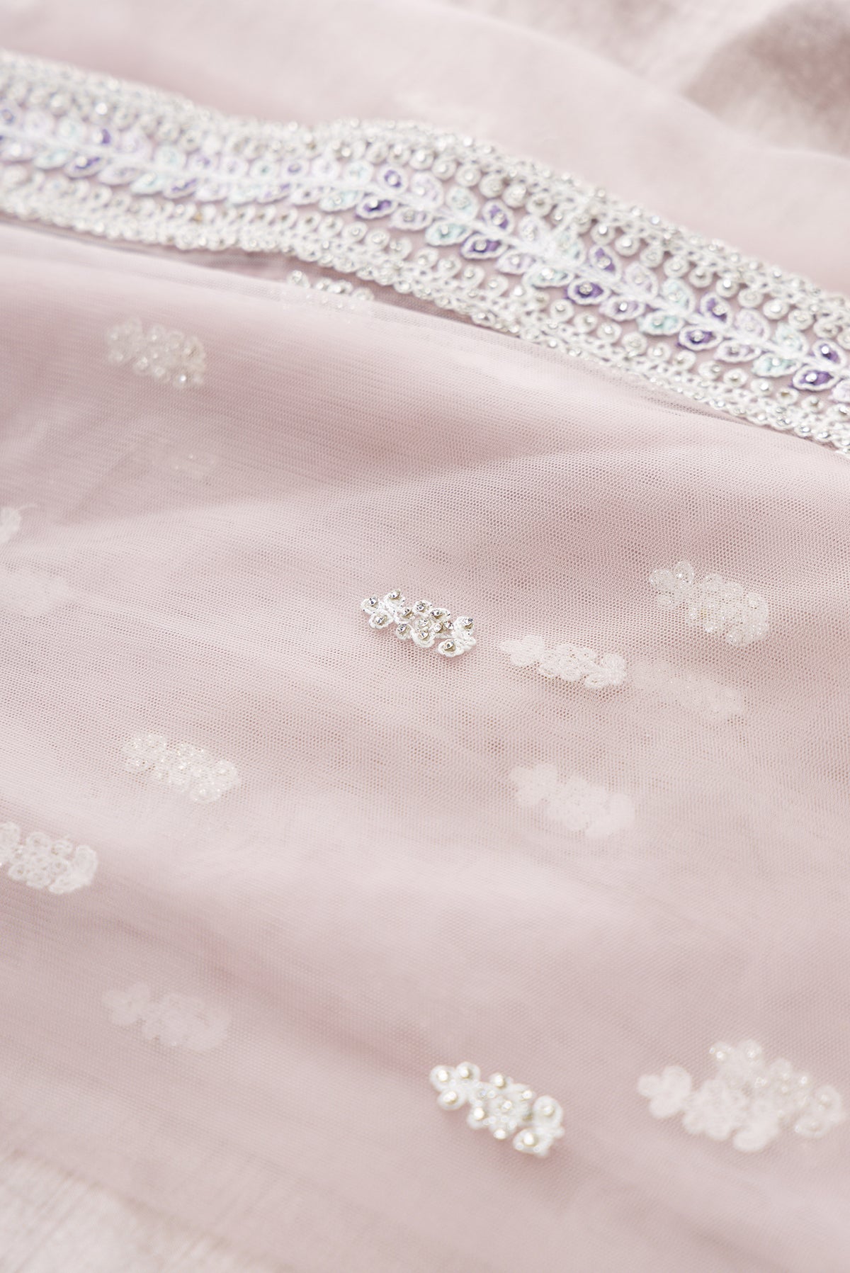 Close up blouse image of Lilac Banarasi Silk Womens Lehenga set featuring Embroidered Choli paired with Lilac Embroidered Skirt with Embroidered Border and a Embroidered dupatta in Lilac