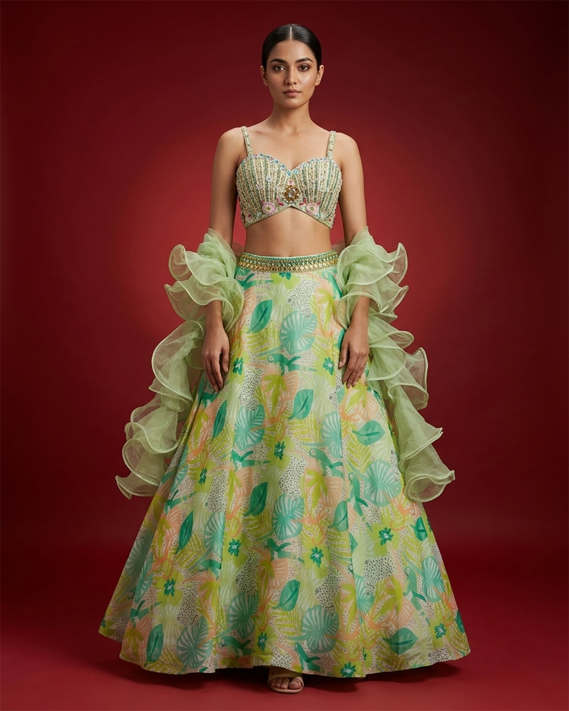 Green Banarasi Silk Womens Lehenga set featuring Embroidered Choli paired with Green Embroidered Skirt with Embroidered Border and a Embroidered dupatta in Green