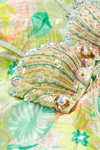 Close up blouse image of Green Banarasi Silk Womens Lehenga set featuring Embroidered Choli paired with Green Embroidered Skirt with Embroidered Border and a Embroidered dupatta in Green