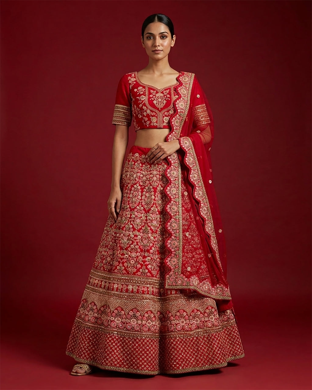 Red Banarasi Silk Womens Lehenga set featuring Embroidered Choli paired with Red Embroidered Skirt with Embroidered Border and a Embroidered dupatta in Red