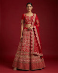 Red Banarasi Silk Womens Lehenga set featuring Embroidered Choli paired with Red Embroidered Skirt with Embroidered Border and a Embroidered dupatta in Red