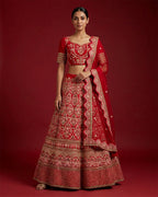 Red Banarasi Silk Womens Lehenga set featuring Embroidered Choli paired with Red Embroidered Skirt with Embroidered Border and a Embroidered dupatta in Red