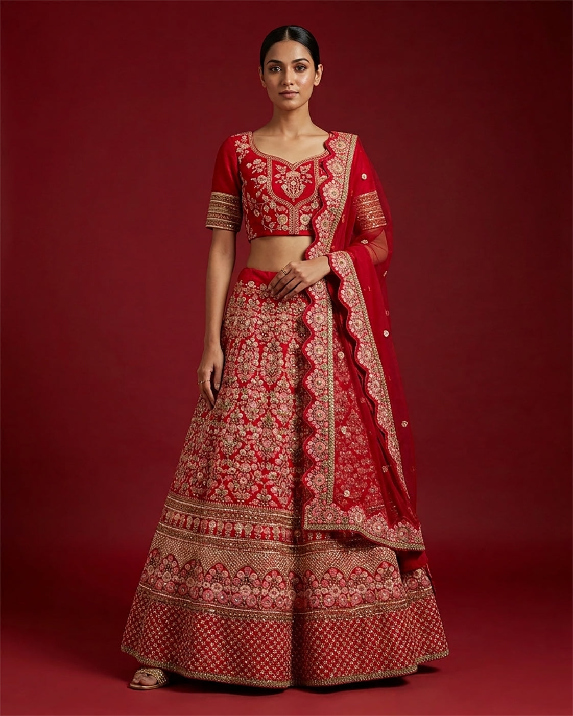 Red Banarasi Silk Womens Lehenga set featuring Embroidered Choli paired with Red Embroidered Skirt with Embroidered Border and a Embroidered dupatta in Red