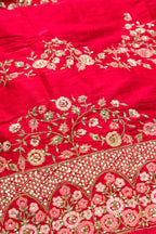 Close up blouse image of Red Banarasi Silk Womens Lehenga set featuring Embroidered Choli paired with Red Embroidered Skirt with Embroidered Border and a Embroidered dupatta in Red
