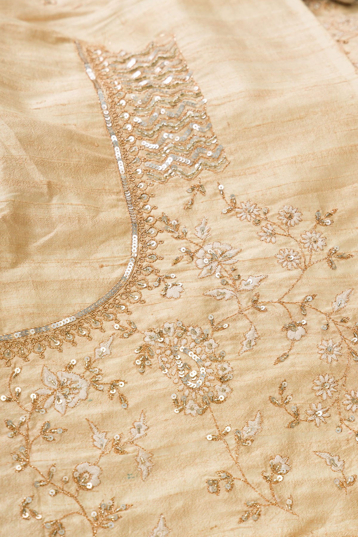 Close up blouse image of Sandal Banarasi Silk Womens Lehenga set featuring Embroidered Choli paired with Sandal Embroidered Skirt with Embroidered Border and a Embroidered dupatta in Green