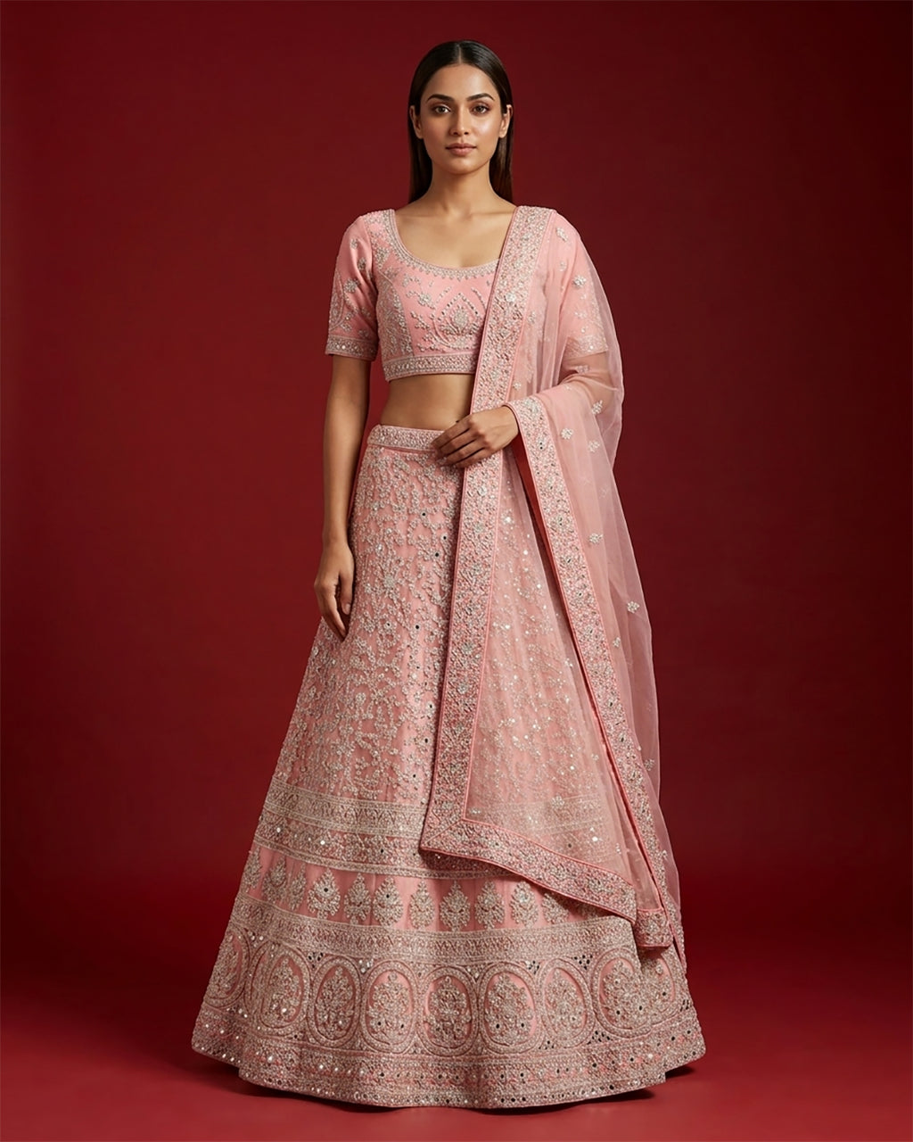 Pink Banarasi Silk Womens Lehenga set featuring Embroidered Choli paired with Pink Embroidered Skirt with Embroidered Border and a Embroidered dupatta in Pink